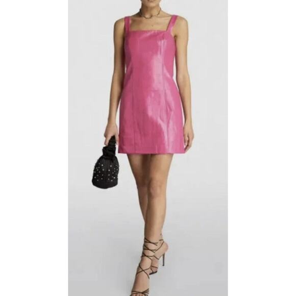 NWT Rotate Herlina Mini Dress Size 36 Fuchsia Faux Leather Square Neck Embossed - Picture 2 of 5